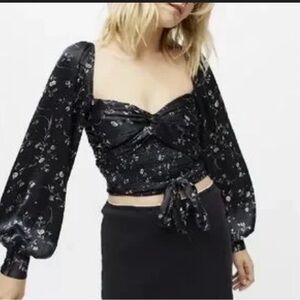 Urban Outfitters Coquette Black Floral Puff Sleeve Tie Front Corset Crop Top Sm